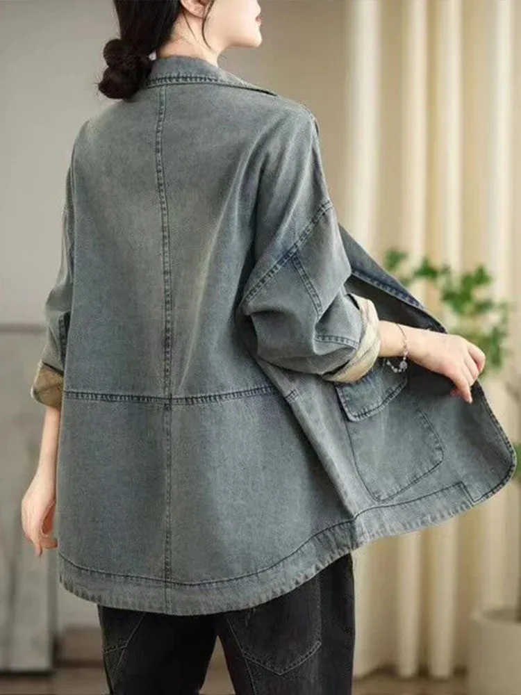 Amax LuluE 2026 Spring Korean Coats Womens Fashion Denim Jackets Ladies Loose Vintage Classic Outerwear Leisure Big Size Clothes
