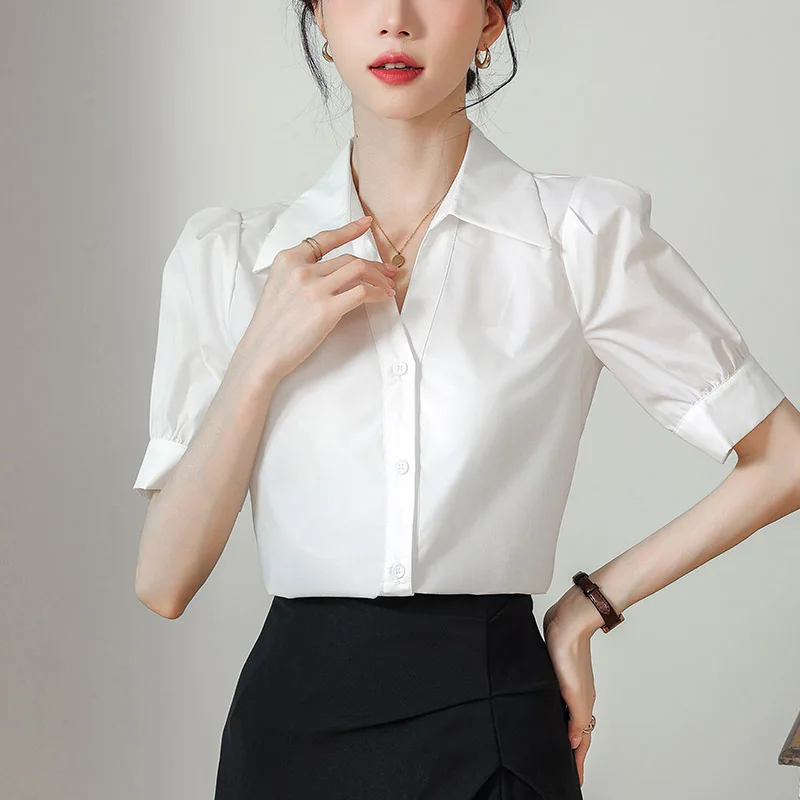 Summer Elegant Fashion Solid Short Sleeve Shirt Women V-neck Button All-match Formal Clothing Office Lady Chic Folds Edge Tops