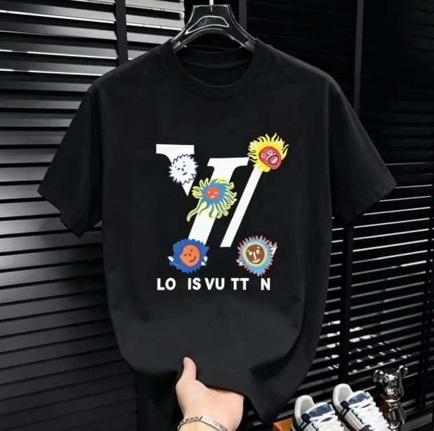 2026 Fun Multi Smiley Sun Pattern T-shirt For Male, Abstract Letter & Cute Character Chest Printing Breathable Daily Casual Tees