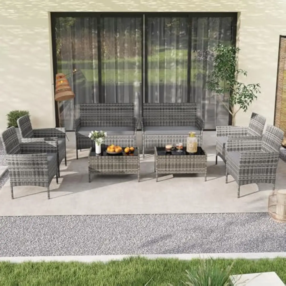 8-Piece Modern Outdoor Seating Ensemble Featuring Handwoven PE Rattan, Ergonomic Wicker Loveseat & Chairs, Removable Cushions, T
