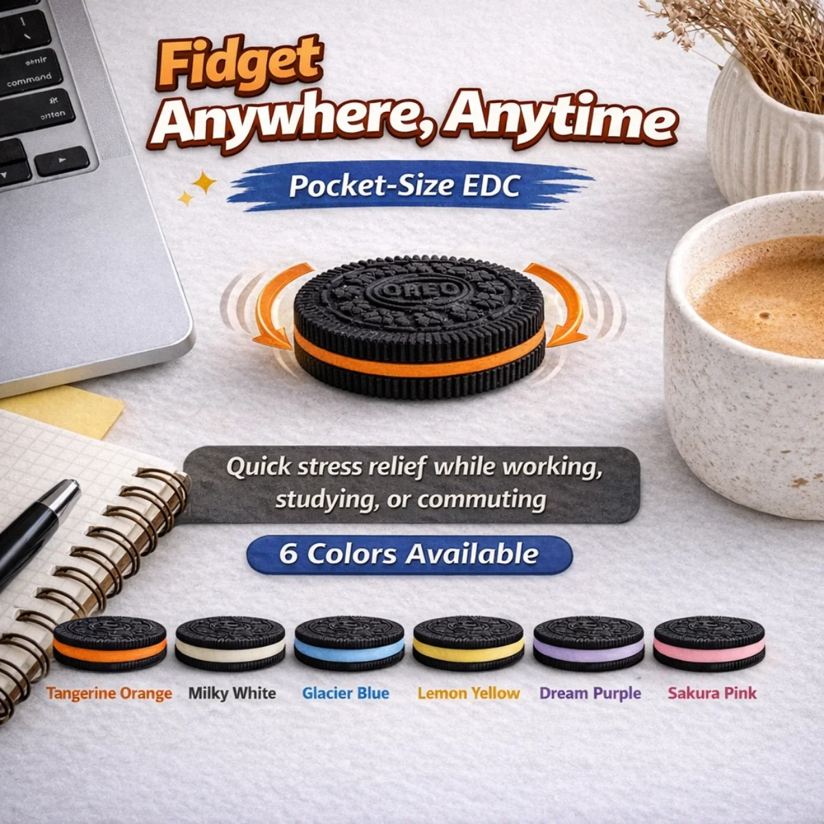 クッキー型EDCフィンガースピナー、プラスチック製フィジェットトイ、大人向け不安解消、ストレス軽減、コイン型感覚玩具