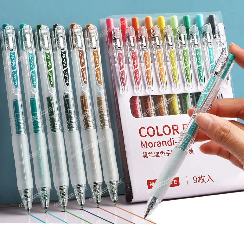 

9Pcs Set Retractable Morandi Color Gel Ink Pen 0.5mm Bullet Tip Large Capacity Refill Office School Signature Writing Stationery