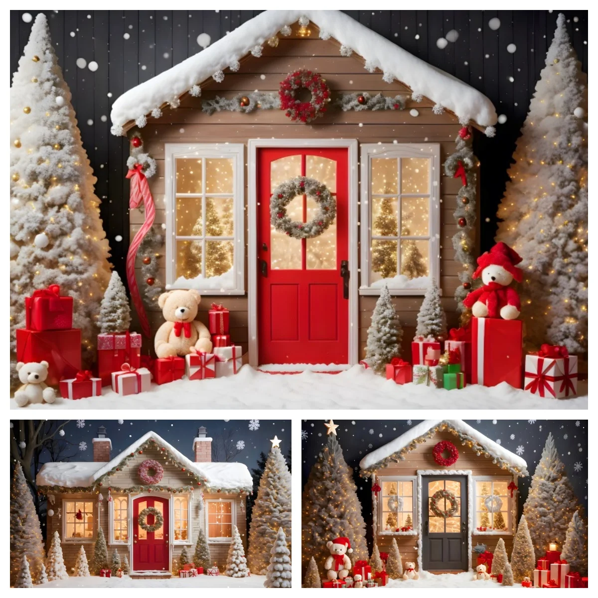 

Winter Christmas Party Background Snow Xmas Tree Wooden House Gift Toy Bear Decor Photo Kid Children Girl Backdrop Photography