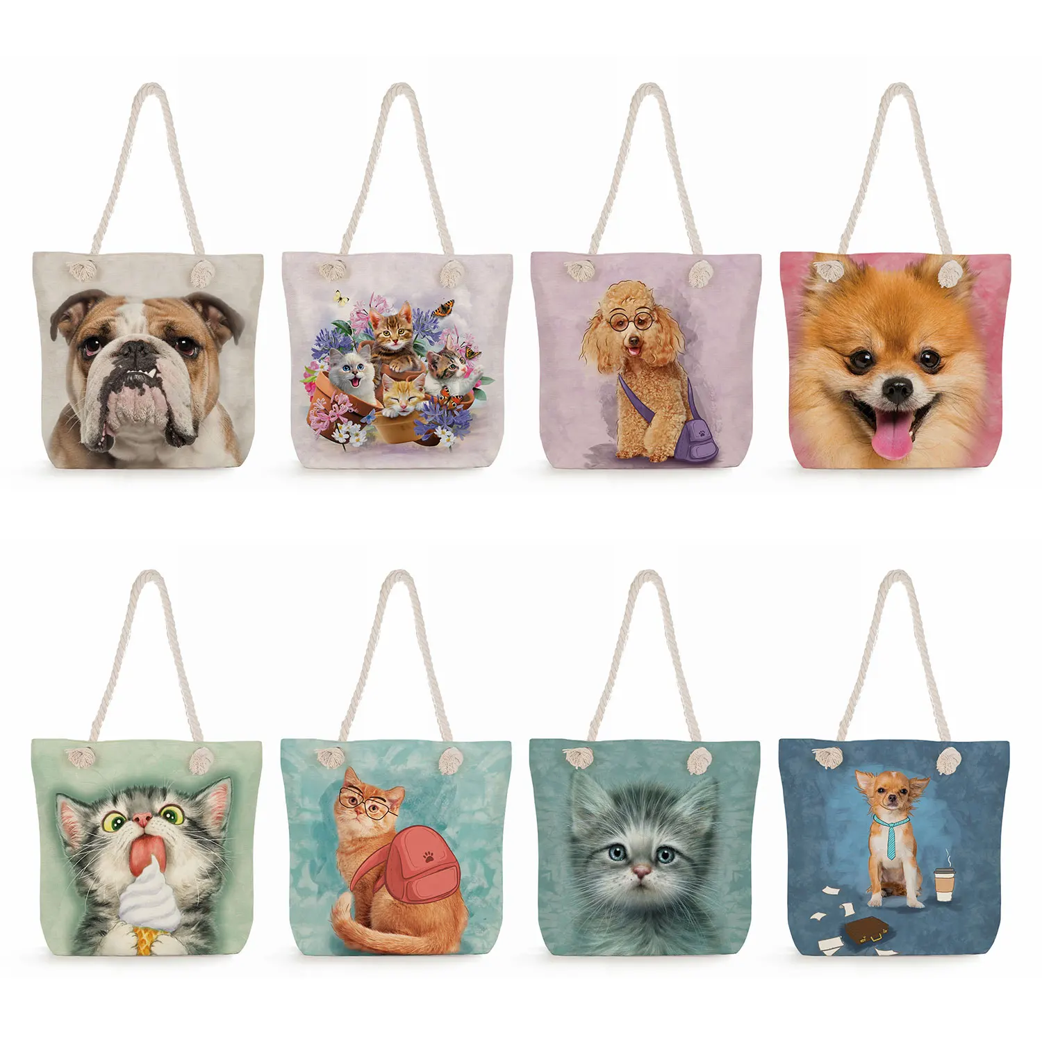 Bolsos de compras con estampado de perro y gato para mujer, bolsas de hombro plegables, reutilizables, ecológicas, de alta capacidad, a la moda