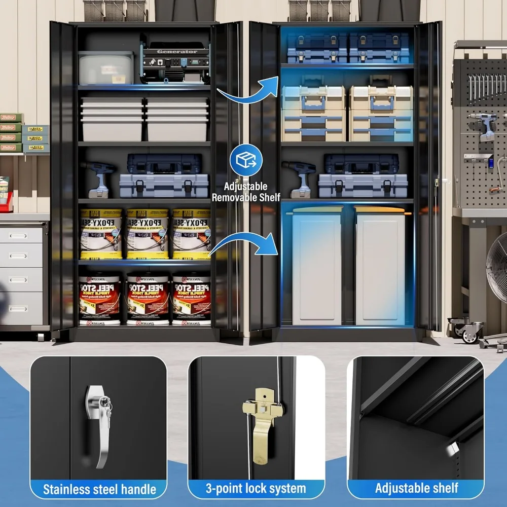 Gabinete de almacenamiento de metal, gabinetes de almacenamiento con cerradura negra de 72" con puertas y 4 estantes, gabinete de almacenamiento de herramientas alto para garaje