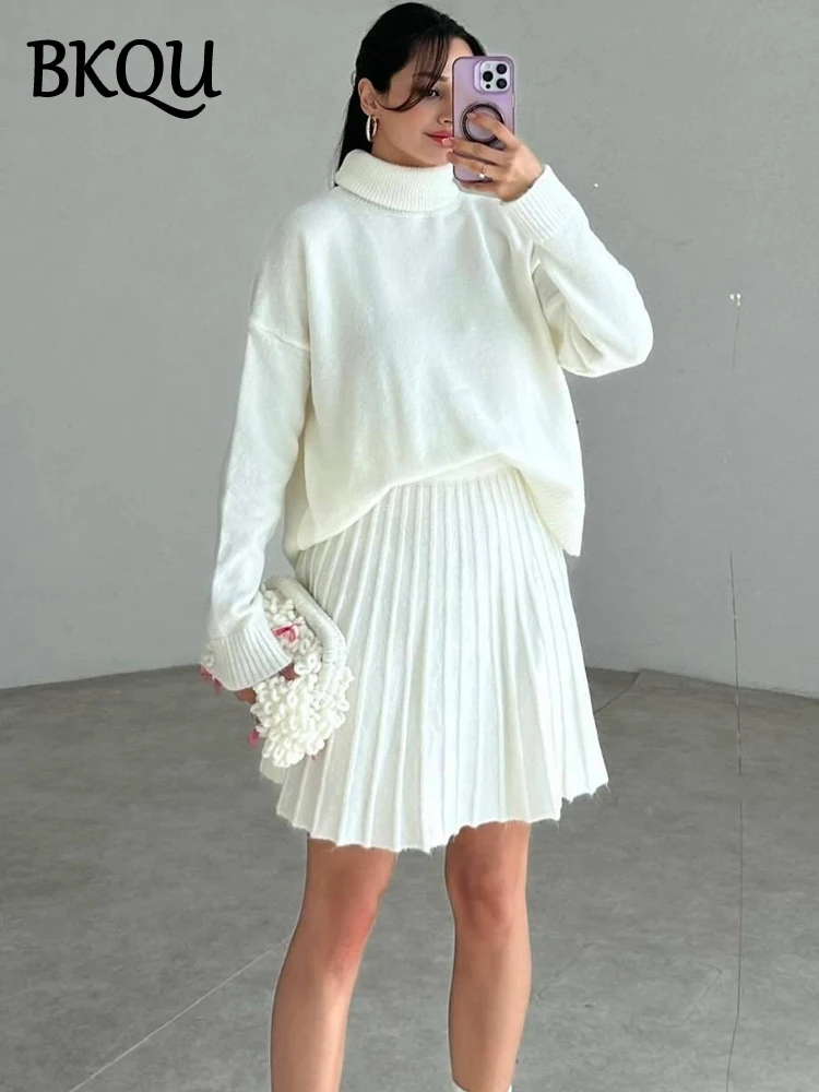 BKQU Elegant Pleated Mini Skirt 2-piece Set Women Fashion Loose Turtleneck Sweater Elastic High Waist A-Line Knitted Skirt Set