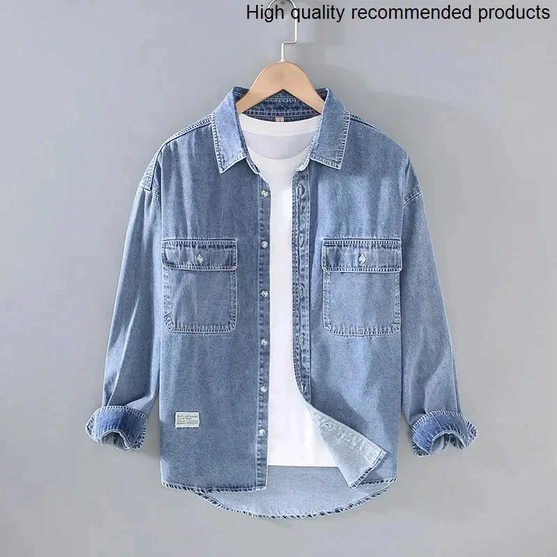 

men's Japanese shirt retro denim autumn washed double pocket men's long-sleeved light-colored shirt pure cotton casual shirt