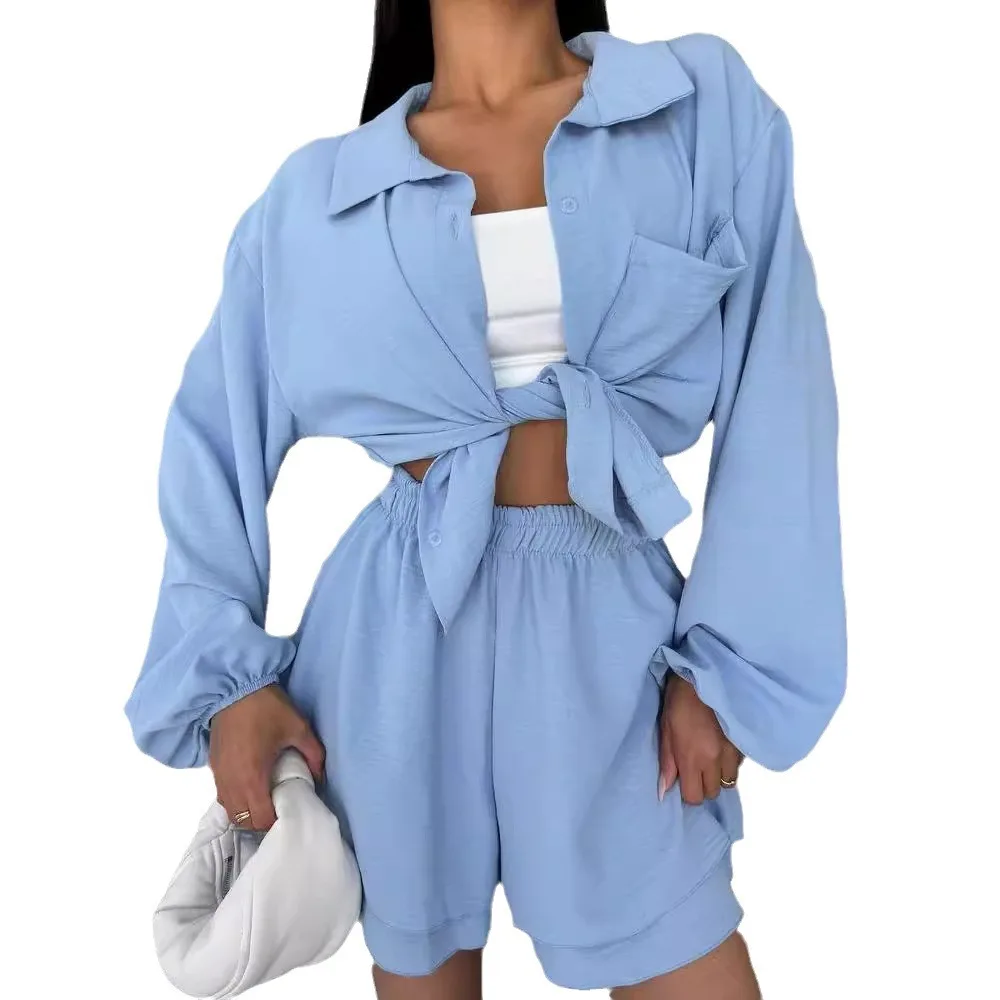 

Short Sets Solid Women Two Pieces Suits High Waist Shorts Turn Down Collar Long Sleeve Shirt Top 2025 Summer Single Breasted