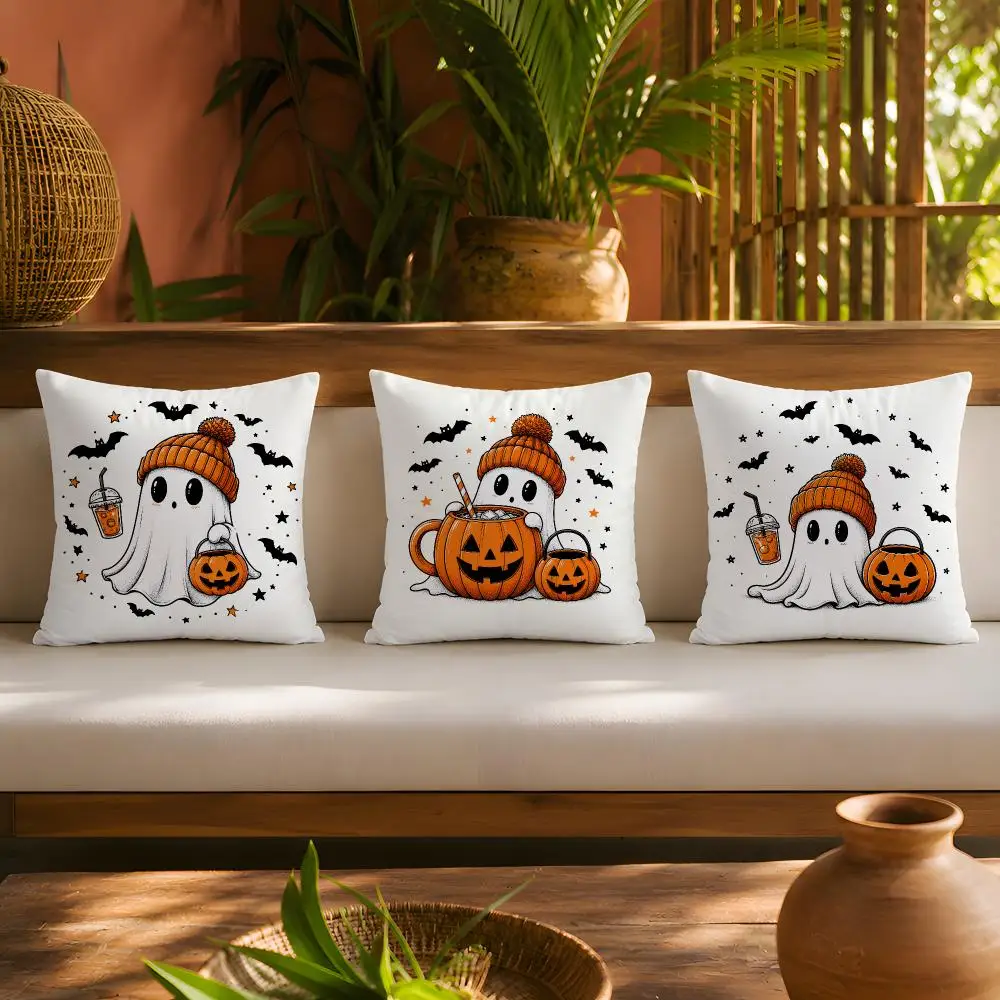 Cute Ghost Pumpkin Halloween Cushion Cover 1pc Square Plush Pillow Cover Soft Fuzzy Removable Washable Sofa Bed Bedroom Decor