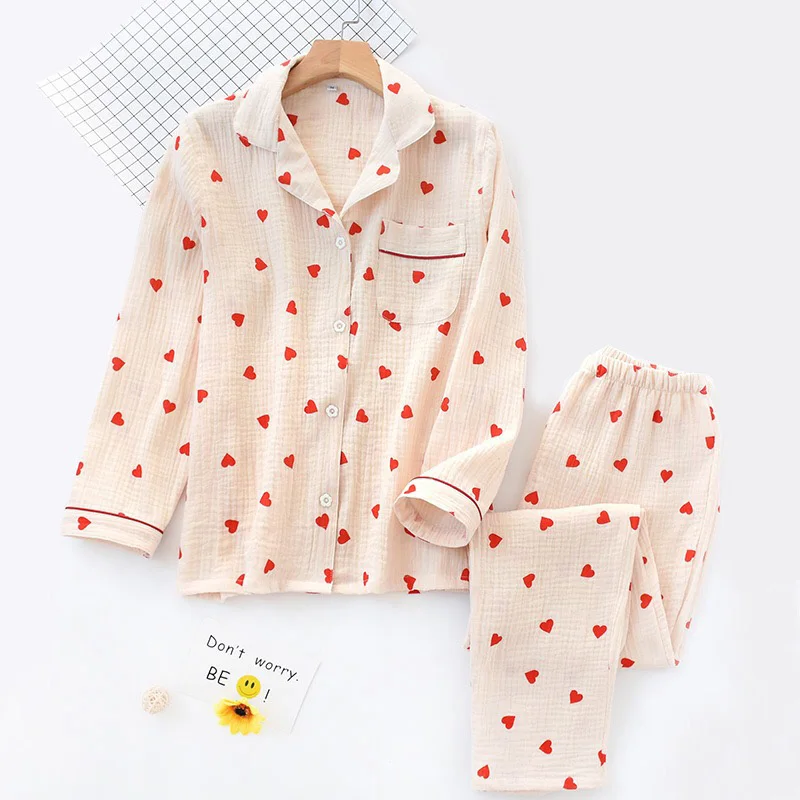 Spring New Ladies Pajamas Set Heart Printed Crepe Cotton Double-layer Gauze Turn-down Collar Long-sleeve Trousers Household Wear