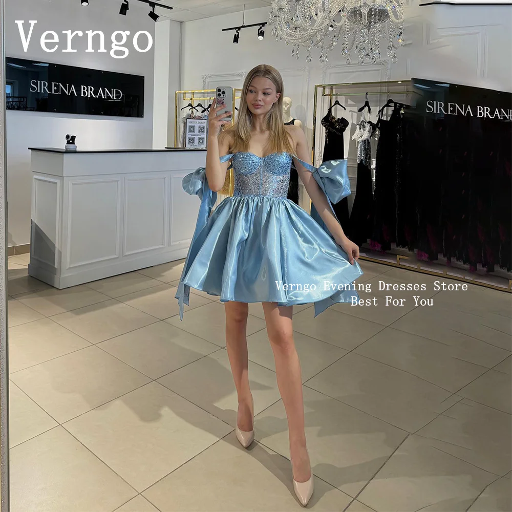 

Verngo Blue Satin Mini Prom Gown Off The Shoulder A Line Short Party Dresses ForWomen Sequined Formal Prom Dress