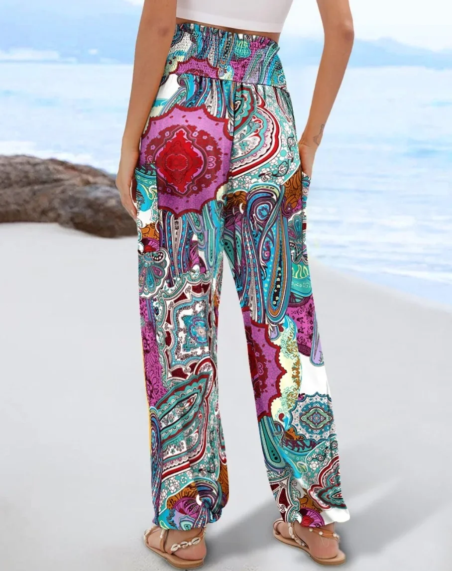 Damen Boho Bedruckte Haremshose mit Hoher Taille, Elastischem Bund, Seitentaschen, Lockere Hose für Strandurlaub und Freizeit – Detail 16
