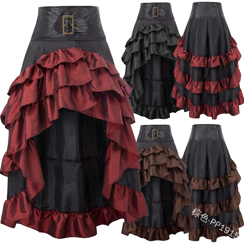 2022 Women Medieval Retro Skirt High Waist Long Irregular Ruffled Stitching Cake Buckle Skirt Casual Plus Size Party Skirt