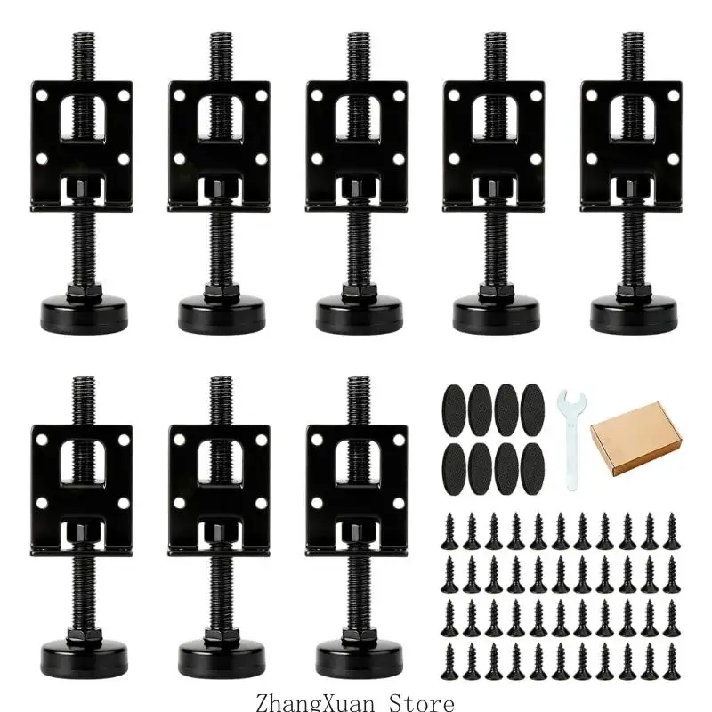 Steel Furniture Leveling Hardware with Adjustable Support Feet, Four-Hole Mounting Plates, and Slip-Reducing Bases 3XUF