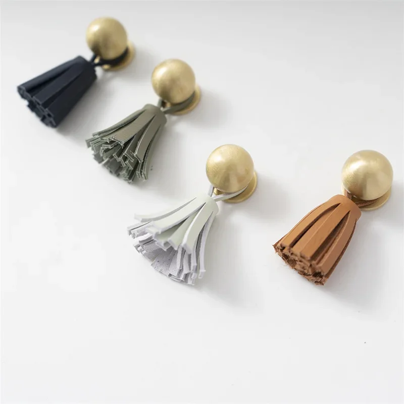 2pcs Nordic Leather Tassel Brass Pull Handle Small Cabinet Door Handles Drawer Knob For Kitchen Wardrobe Cupboard Pulls