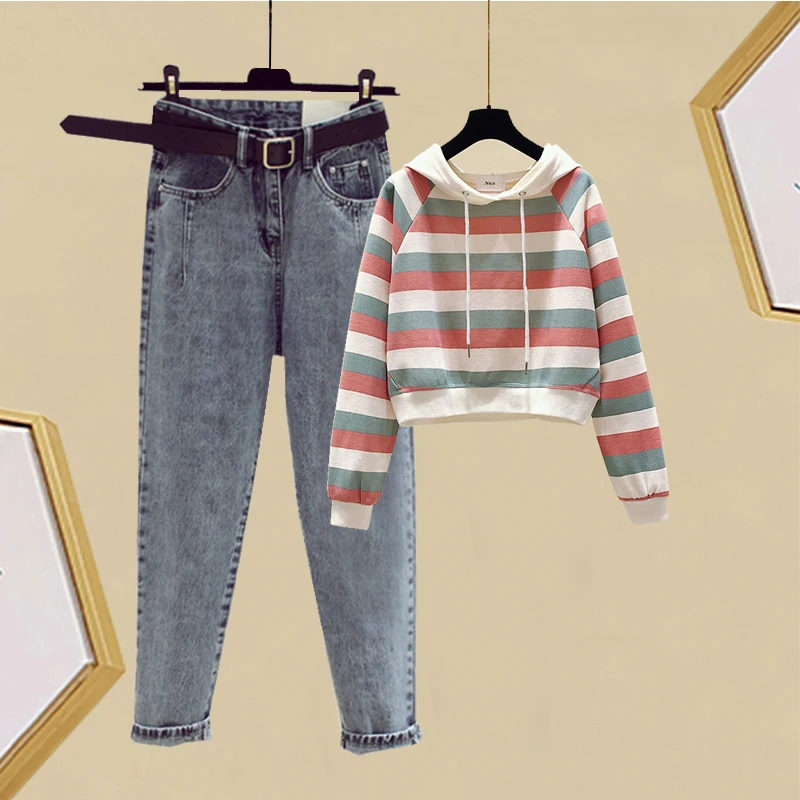 

Faionable осенне-зимний женский комплект с капюшоном и джинсами для папы, утягивающий полосатый топ с высокой талией, корейский свободный крой, наряд