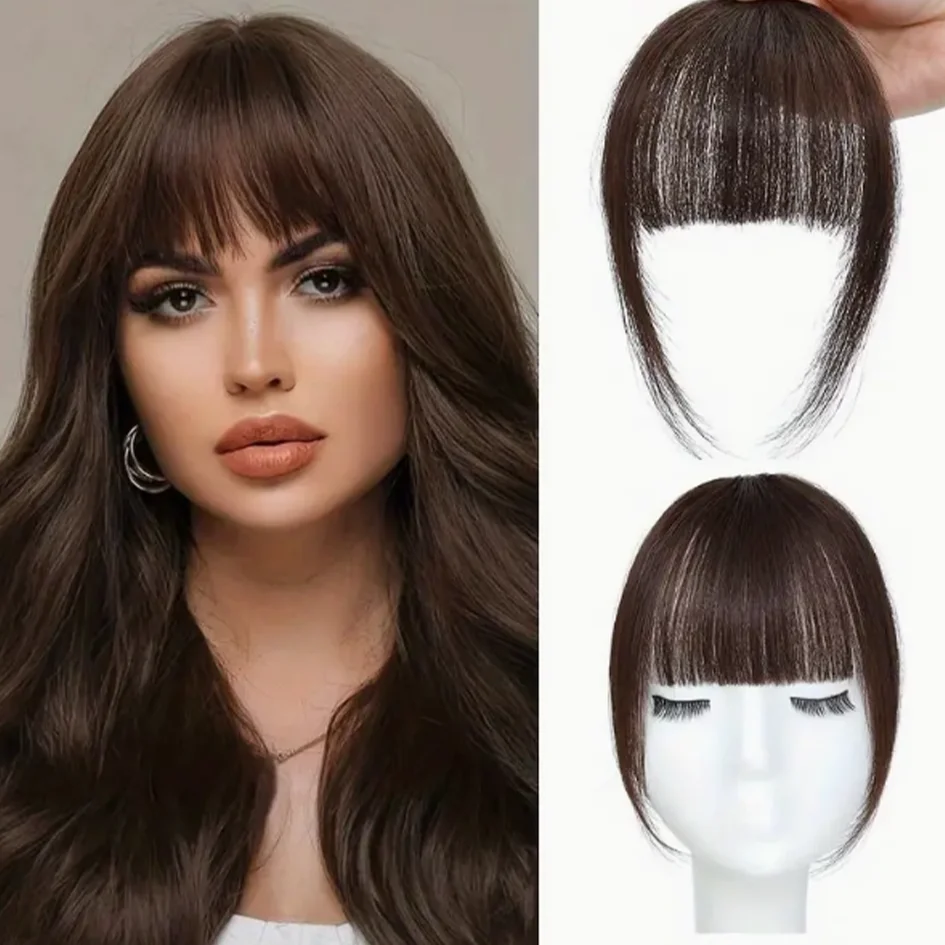 Synthetic dark brown black cut bangs - One piece bangs wig, adding natural fluffiness and length, hair accessory clip style bang