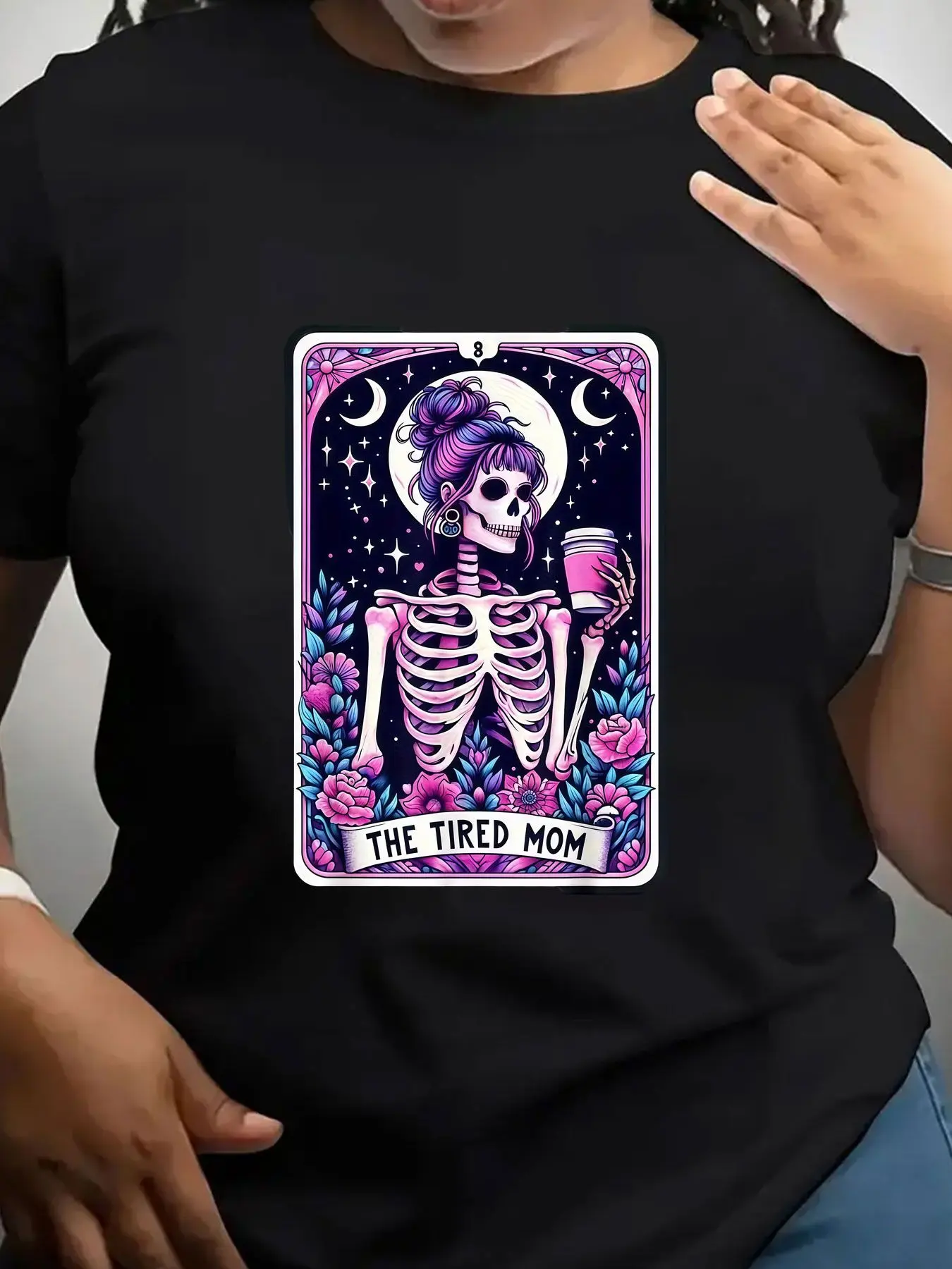 Women's Trendy Crew Neck T-Shirt Skeleton Holding Coffee Cup Design Suitable for Casual Sportswear