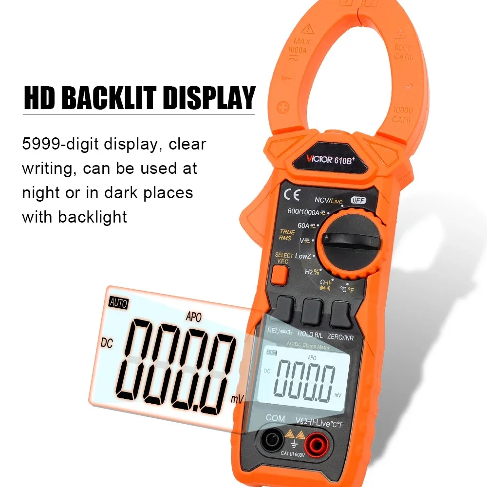 610B+ Digital Clamp Multimeter AC DC 6000 Counts LCD Display VFC True NCV Hand-held Automatic Range True RMS Clamp Digital Meter