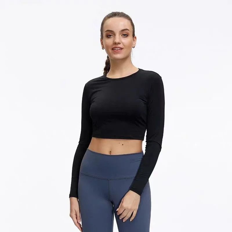 

lo Quick Drying Long Sleeve Yoga Shirt Fitness Women's Gym Clothes Short Sports Top Elastic Breathable Training Jogging Shirt