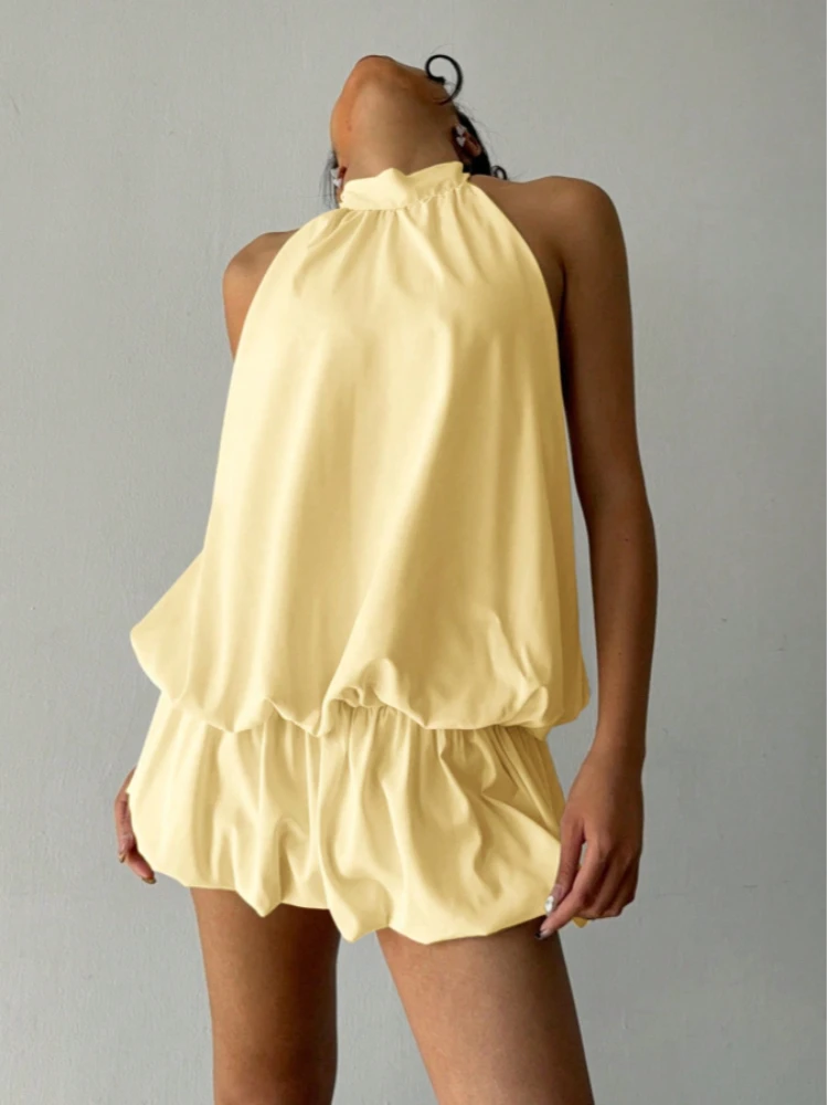 French solid color hanging neck off shoulder dress women summer sexy spicy waist cinched fluffy skirt covers buttocks Y2K