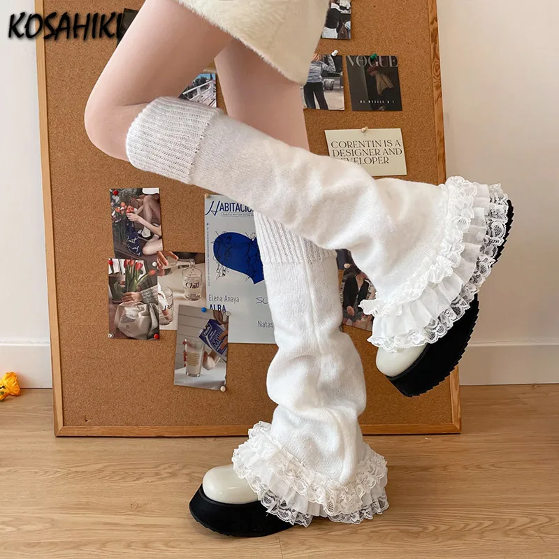 Women Lolita Kawaii Lace Ruffle Leg Warmers Boot Cuffs Knit Socks Harajuku Japanese JK Y2k Sweet Long Flared Warmer Sock