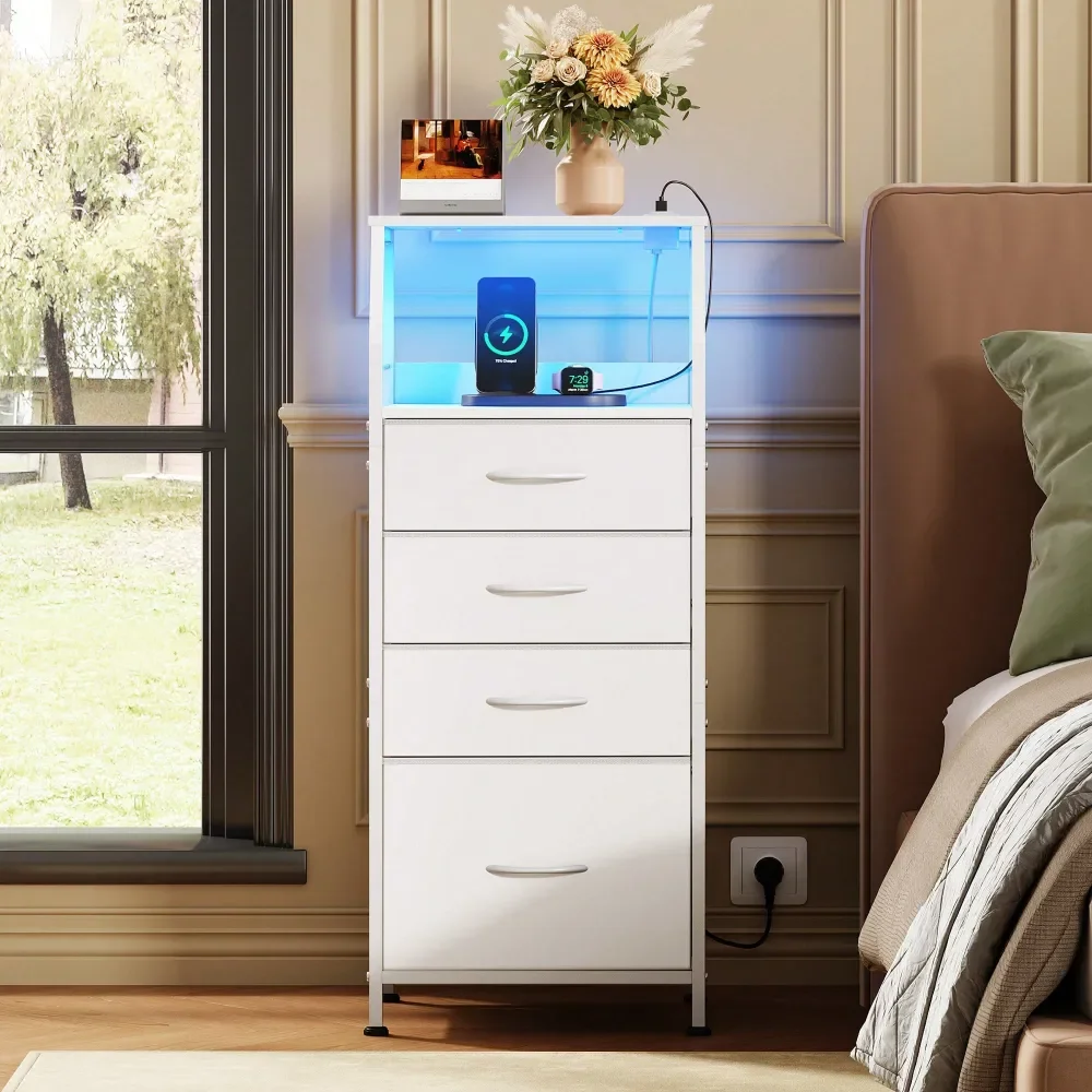 

4Drawer Bedside Table With Charging Station LED Light, Fabric Storage Bins, Open Wood Shelf Modern Nightstand,