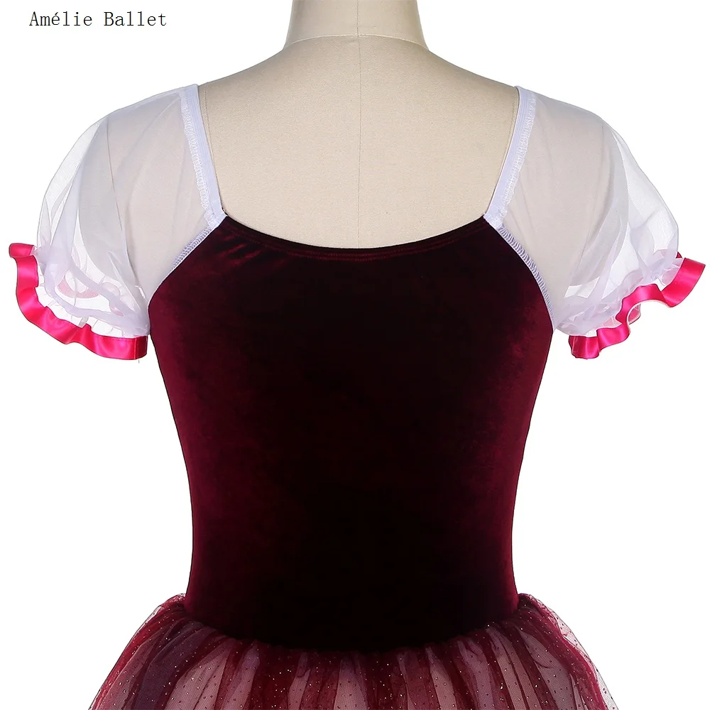 22066 قصيرة الأكمام بورجوندي المخملية صد فستان الباليه رومانسية طويلة الباليه توتو ازياء الفتيات والنساء أداء ملابس الرقص