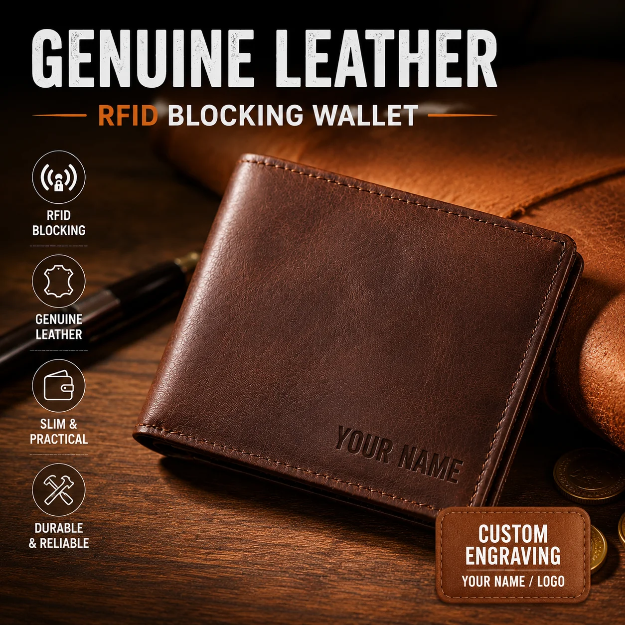 RFID Blocking Men's Leather Wallet – Top Grain Oil Wax Leather Card Holder with Coin Pocket, Personalized Gift