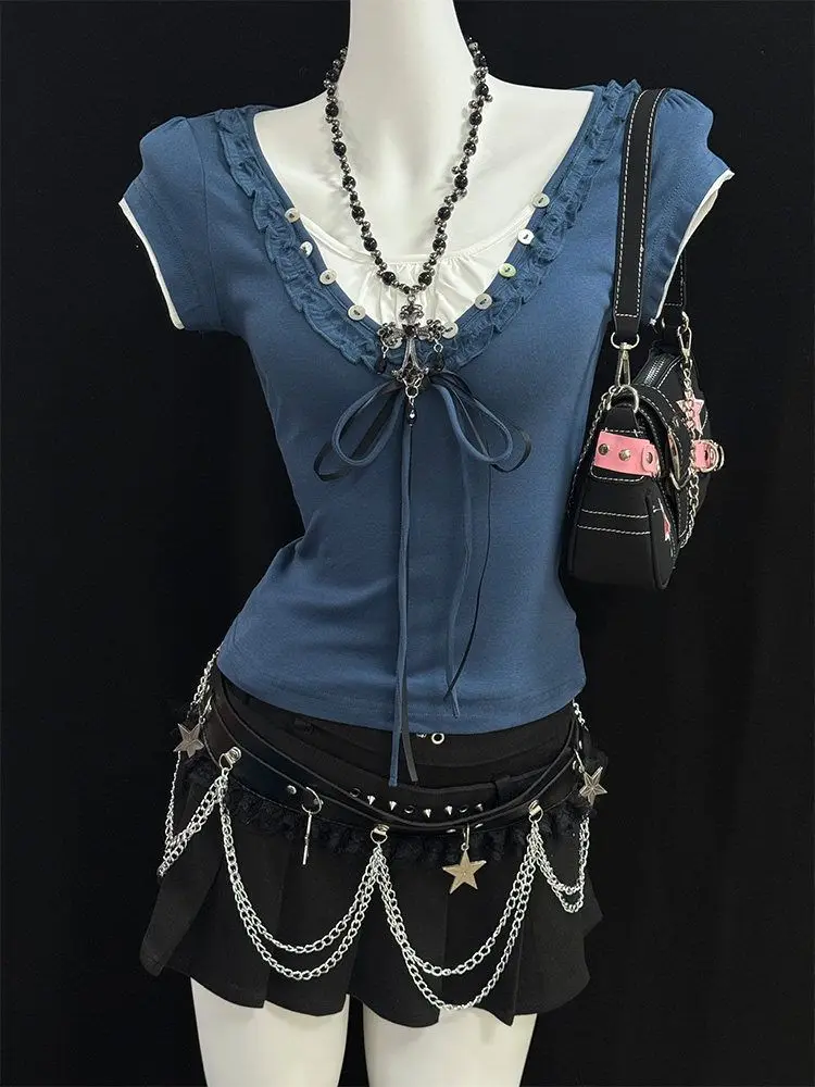 Y2K Vintage Bow Patchwork Fake Two Piece T-shirts Women Sweet Elegant Slim Tees Summer Casual Fashion Short Sleeve Tops Chic New