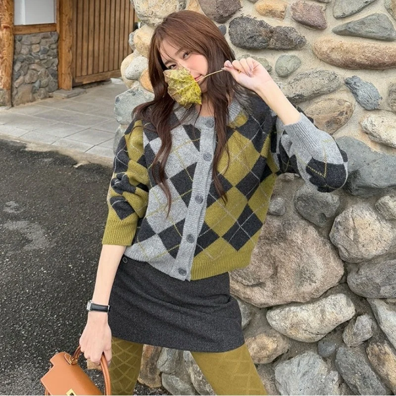 

Women's Knitted Sweater Loose Vintage College Sle Color Blo Diamond Pattern Crochet Open Cardigan Top Dongda Gate Versatile