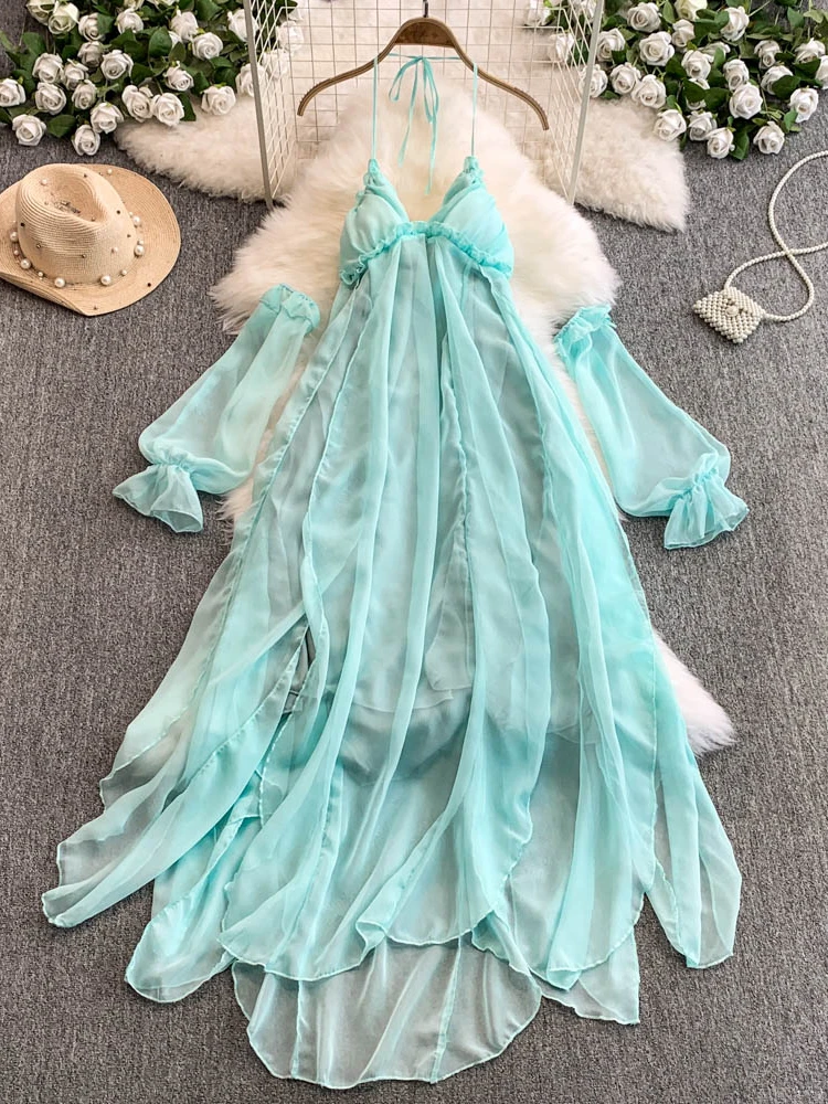 ロマンチックな夏の新しいスタイルの女性の休日のドレス純粋な欲望シフォンホルターネックロングスカートおとぎ話の雰囲気ベルスリーブ