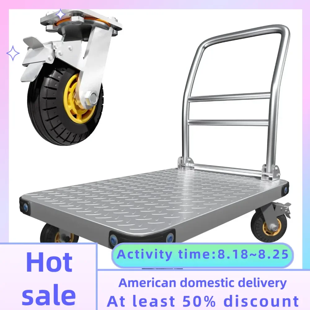 2000Lbs Steel Push Cart Dolly With Brake Design Large Capacity Folding Wagon Heavy Duty Platform Truck Flat Cart Hand Trucks