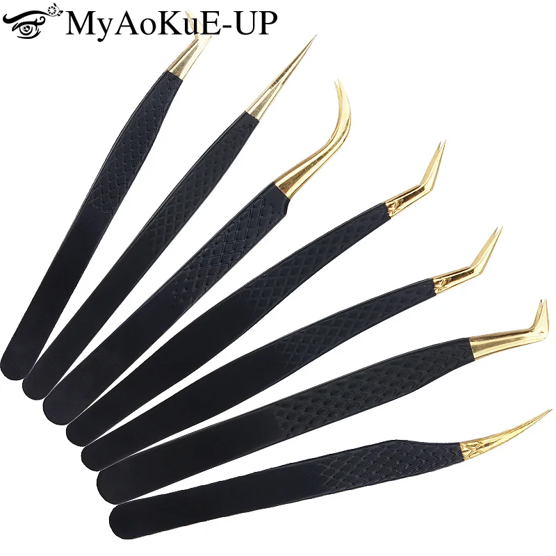 1pcs Black Gold Stainless Steel Eyelash Extensions Tweezers Eyebrow Clips High Precision Matte Lash Lifting Tweezers Makeup Tool