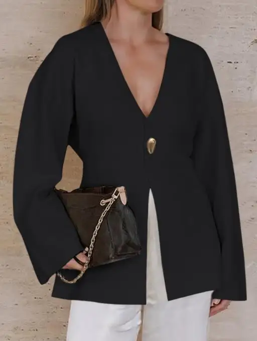 سترة نسائية 2025 الخريف والشتاء أحدث تتجه مزاجه أنيقة بلون سترة بأكمام طويلة قميص الملابس النسائية #2