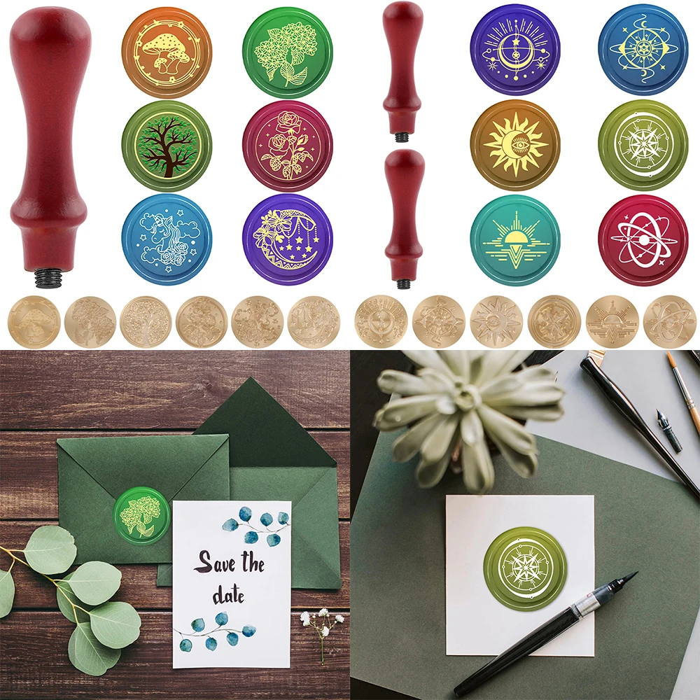 

Wax Stamp Wooden Handle Kit Mushroom Tree Flower Moon Sun Planet Pattern for DIY Wedding Invitation Envelope Gift Card Craft