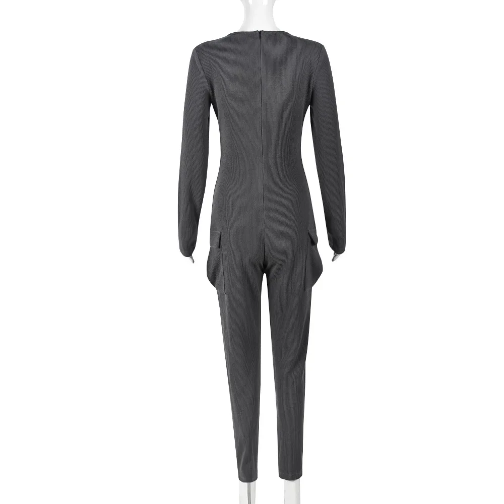 Gebreide Geribbelde Bodycon Jumpsuit Dames Herfst Effen V-Hals Lange Mouw Hoge Taille Zakken Casual Mode Rompertjes Trend Streetwear