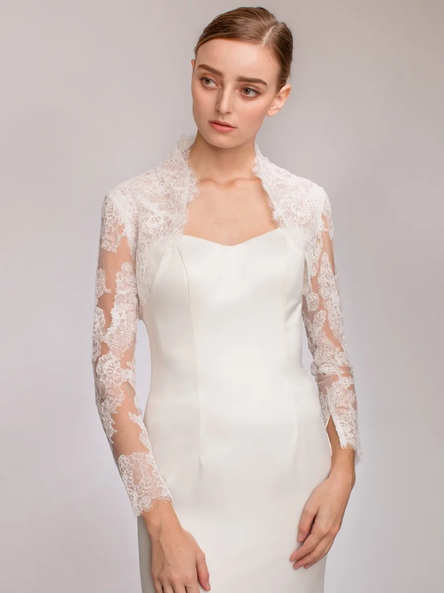 Formal Bridal Lace Wraps Open Front High Neck Lace Appliques Long Sleeves Wedding Jacket Custom Bride Shrug  Boleros