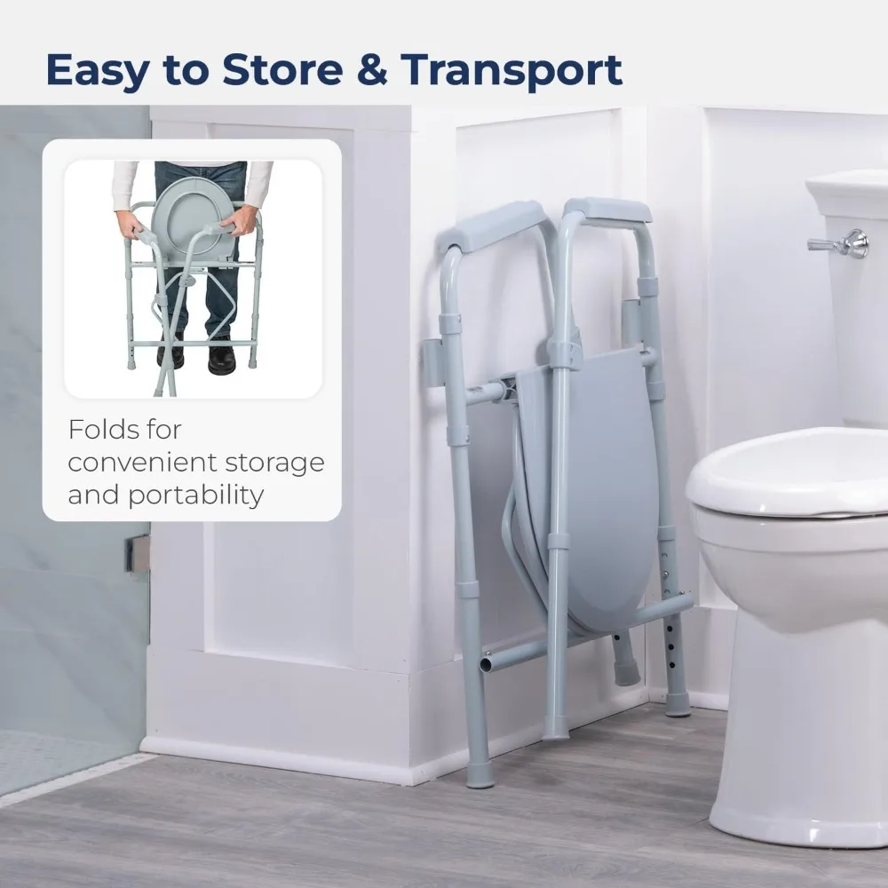 Folding Steel Bedside Commode Chair by Drive Medical, Portable Toilet with 350 lbs Capacity and 7.5 Qt. Bucket