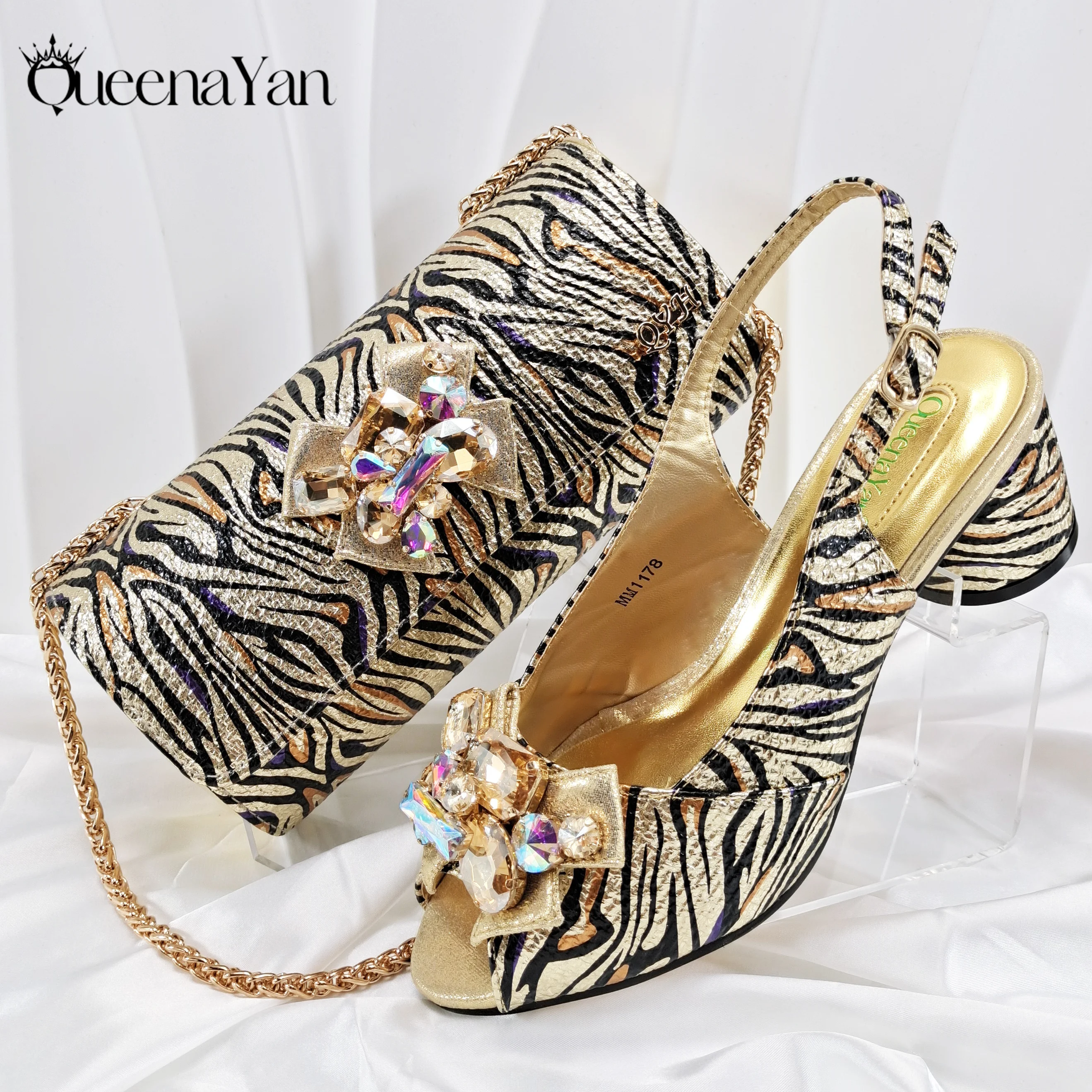 Queena Yan 2025 Women Elegant Gold High Heel Shoe and Matching Bag Set with Rhinestone Accents Stylish Peep Toe Design for Party