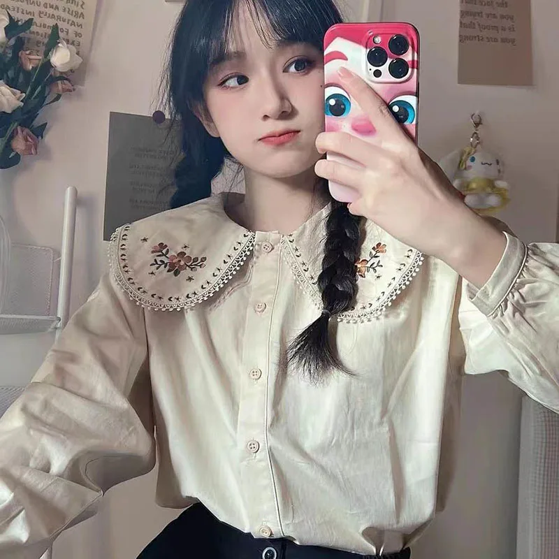 Lucyever Vintage Peter Pan Collar Shirts Women Korean Style Students Cute Pure Girls Blouse Harajuku Embroidery Button Up Shirt