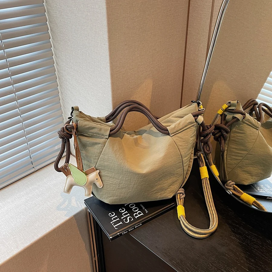 Vintage Multi-Pocket Große Tragetasche mit Kordelzug, Schulterriemen, Kontrast-Gurtband, Crossbody für Outdoor-Wanderungen, Alltags-Pendel, Handtaschen – Detail 3