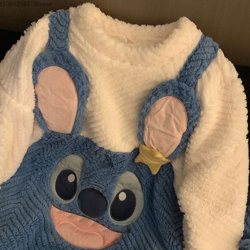 Disney Cartoon Stitch Cute Plush Pajamas Suit Y2k Couple Luxury Design Pullover Tops Trousers 2 Piece Set Women Soft Nightdress