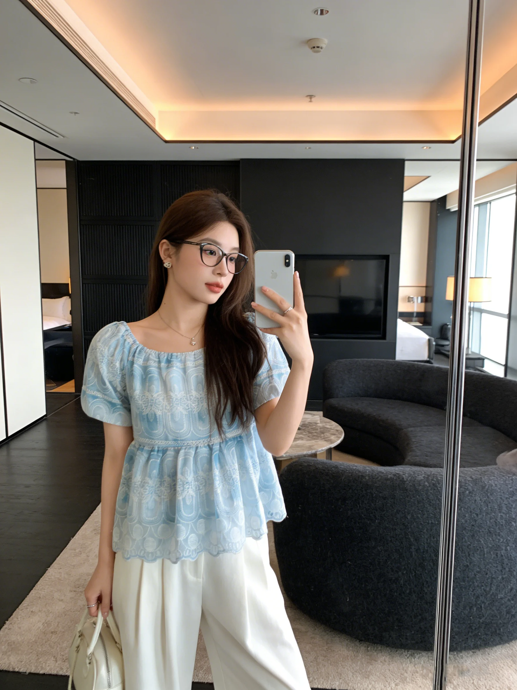 

Blue Loose Bubble Sleeve Shirt Embroidered Gentle Style Summer Slimming Short Sleeve Top Korean Fashion Breathable Skin-Friendly