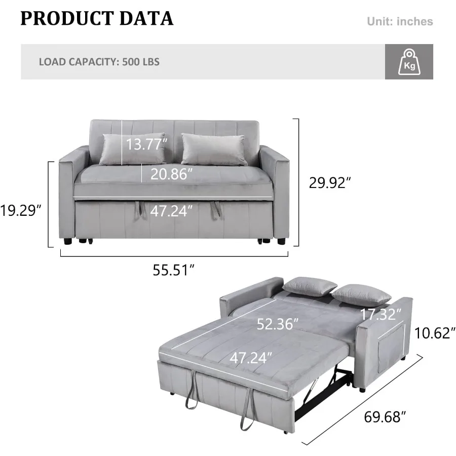 55.51 أريكة سرير قابلة للتحويل 3 في 1 أريكة نوم مع أريكة مخملية قابلة للسحب مع مسند ظهر قابل للتعديل وجيب جانبي 2 وسائد Mod