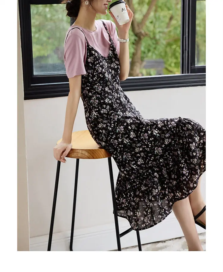 세련되고 다재다능한 가짜 투피스 스플라이스 프린트 서스펜더 여름 새 꽃무늬 반팔 A라인 드레스