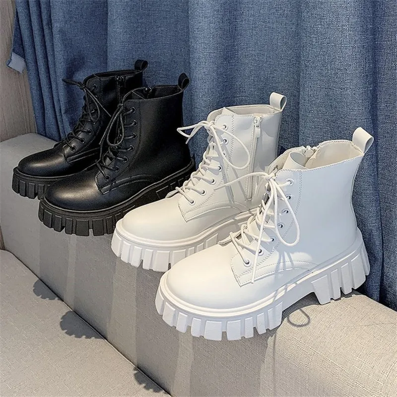 Rimocy 2022 New Women White Ankle Boots PU Leather Thick Sole Lace Up Combat Booties Female Autumn Winter Platform Shoes Woman