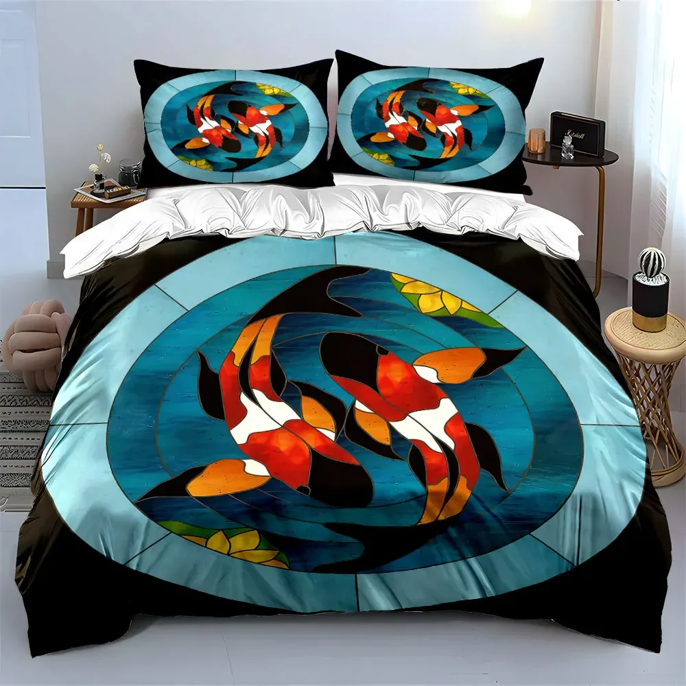 Stained Glass Koi Fish Decor Soft Comfortable Duvet Cover Bedding Set Included 1*Duvet Cover & 2*Pillowcases, gift