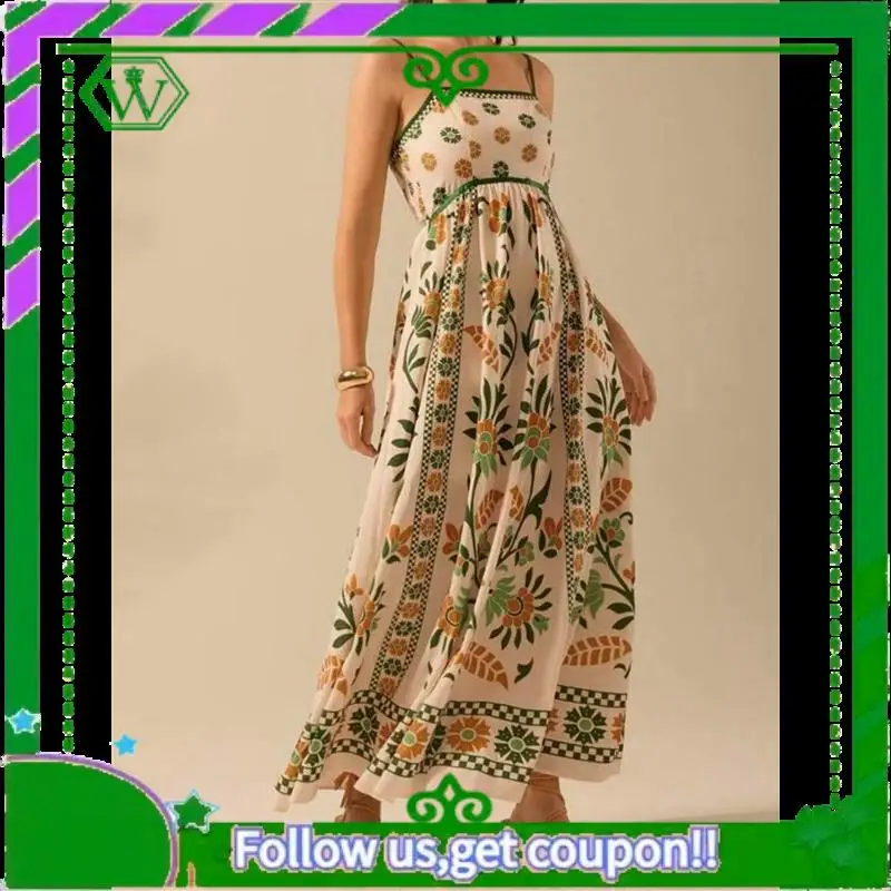A18P-สตรี 2025 ฤดูร้อนดอกไม้Maxiชุดสปาเก็ตตี้พิมพ์Smocked Boho Beachชุดยาว