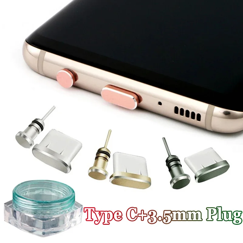 Anti Dust Plug Set Metal Type C Phone Dust Plug USB Type-C Port and 3.5mm Earphone Jack Plug for Samsung Huawei Xiaomi Universal